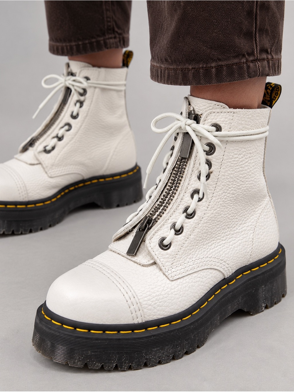 Dr. Martens White Leather Front-Zip Combat Boots with Yellow Stitching